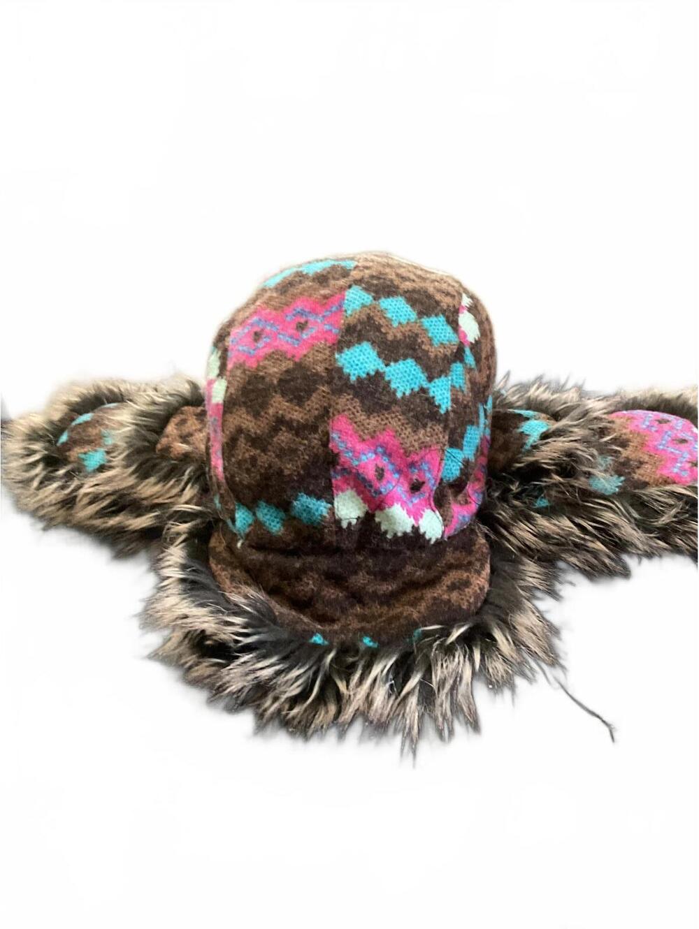 Cozy Faux Fur Trimmed Trapper Hat with Colorful Southwestern Pattern